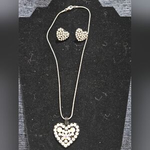 Silver Heart Pendant Necklace and Earrings Set - Crystal Accent